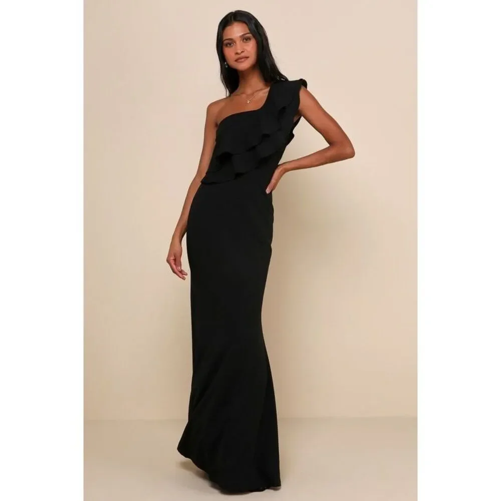 Lulus Grand Beauty Black Ruffled One-shoulder Mermaid Maxi Dress - Size S